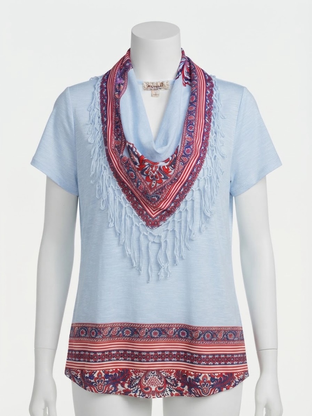 ONE WORLD Light Blue Short Sleeve Top with Red & Navy Fringe Bandana